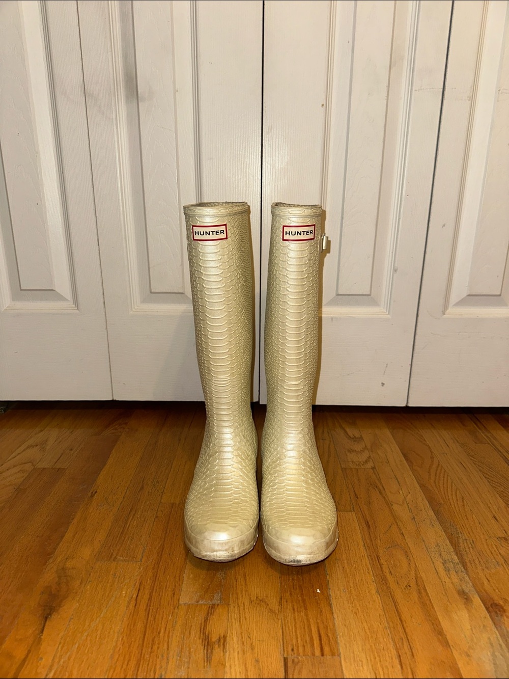 Hunter Pearl White Snakeskin Tall Rain Boots